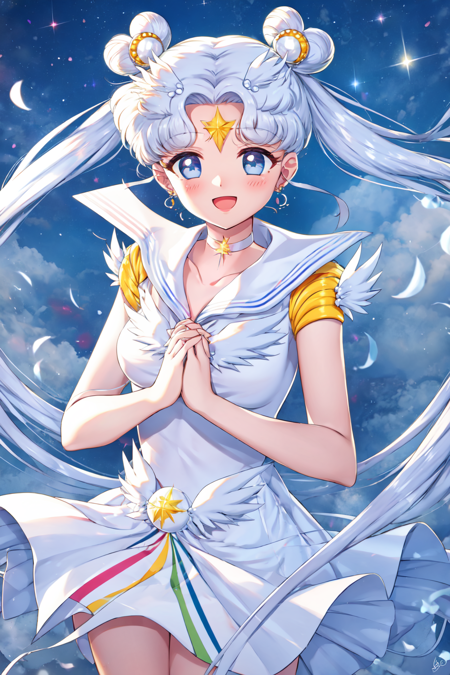 <lora:Sailor_Cosmos-10:1> 1girl, solo, long hair, white choker, blue eyes, smile, white sailor collar, choker, signature, sailor collar, twintails, hair bun, sailor senshi uniform, double bun, facial mark, white hair, jewelry, forehead mark, open mouth, dress, magical girl, brooch, white dress, looking at viewer, :d, hair ornament, hairpin, own hands together, earrings, very long hair, collarbone