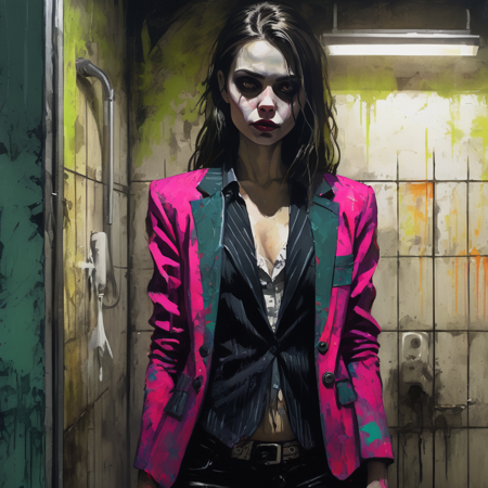 VtmArt, painting close up of a (vampire:0.4) girl in colorful blazer standing in a dirty grungy old public bathroom with fluorescent lighting, <lora:VtmArt:1>, (masterpiece:1.3), at night, cinematic lighting, intricately detailed, high quality, dramatic atmosphere