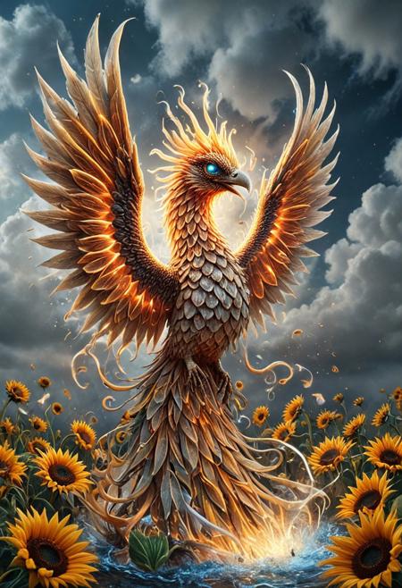 celestial marble phoenix Made of Sunflowers, flying through liquid sky, clouds melting into ribbons of color, fluid scales shimmering with white blue and red hues, glowing eyes, dynamic wings of flowing liquid, painterly lighting, vast fantasy environment, surreal atmosphere, highly detailed, magical realism, Made of Sunflowers