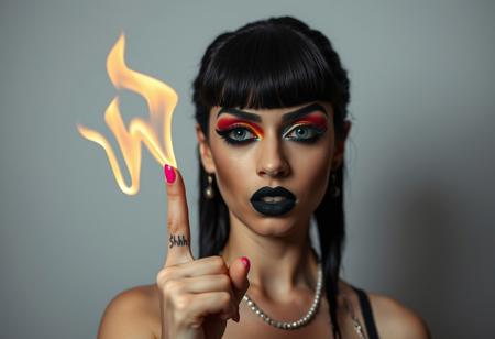 A very young drag queen girl with black makeup and pink nails, looking like she just failed something, shaking her head, drawing the letters "Woke" using flames, in the air, with a finger, on that finger have a tattoo "Shhhh!" photo by helmut newton