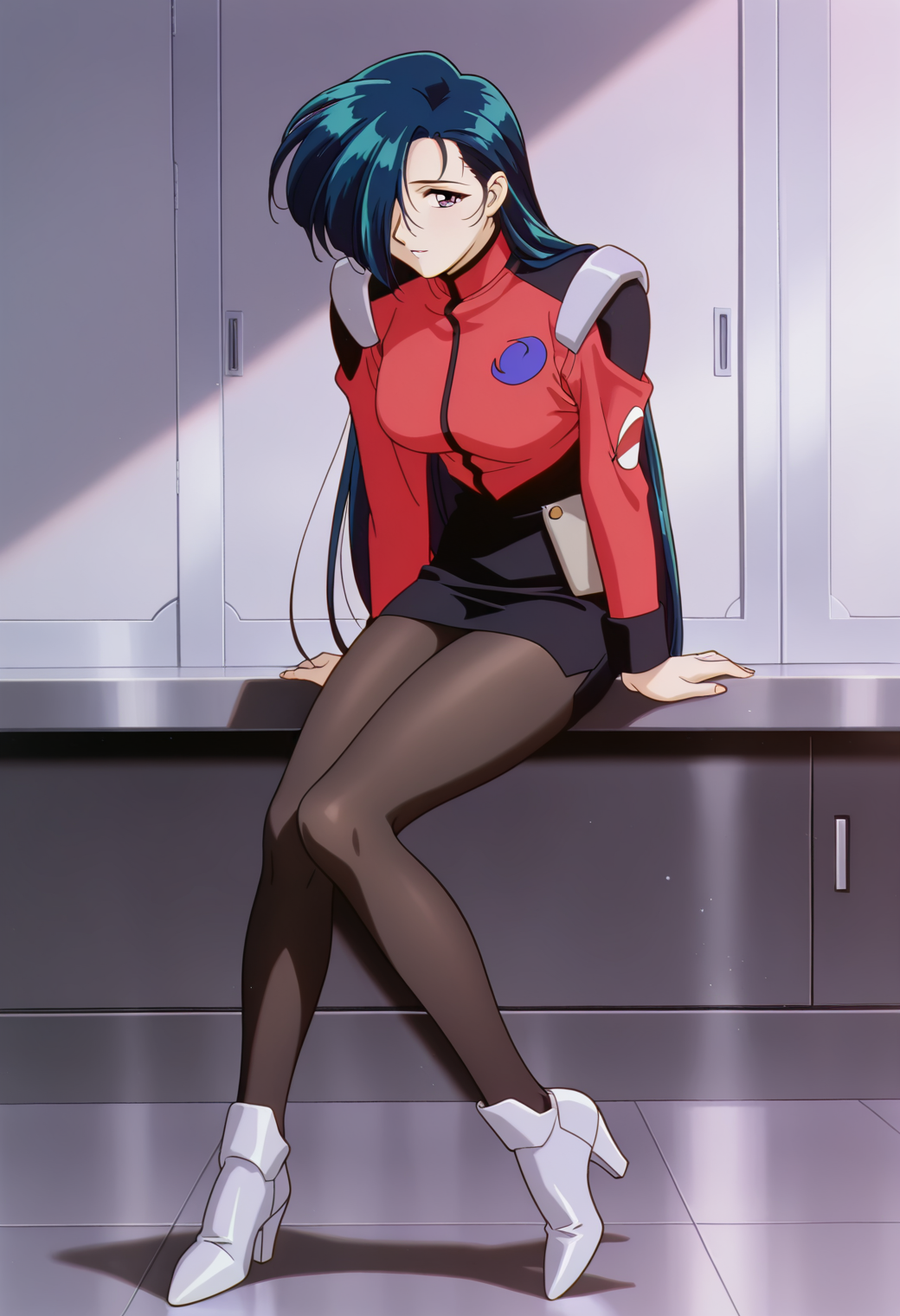 A woman with purple eyes, long dark blue hair covering her right eye, is sitting on a gray railing with her hands resting on either side of her. She is wearing a futuristic uniform consisting of a red long-sleeved jacket with gray shoulder pauldrons, a black miniskirt, sheer black pantyhose, and white heeled ankle boots. The background consists of light gray walls and dark gray metal lockers.