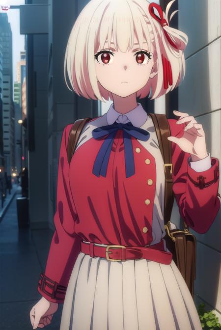 chisatonishikigi, <lora:chisatonishikigis1-lora-nochekaiser:1>, 
chisato nishikigi, short hair, bangs, blonde hair, (red eyes:1.5), hair ribbon, one side up, bob cut,
BREAK shirt, long sleeves, dress, ribbon, white shirt, collared shirt, belt, neck ribbon, red dress, blue ribbon, pleated dress, grey dress, two-tone dress, red belt, lycoris uniform,
BREAK outdoors, city,
BREAK looking at viewer, (cowboy shot:1.5),
BREAK <lyco:GoodHands-beta2:1>, (masterpiece:1.2), best quality, high resolution, unity 8k wallpaper, (illustration:0.8), (beautiful detailed eyes:1.6), extremely detailed face, perfect lighting, extremely detailed CG, (perfect hands, perfect anatomy),