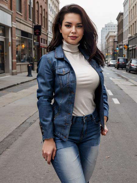 (perfect quality photograph, extremely high resolution, perfect details), sexy milf in empty city street,  <lora:ChloeLamour:1>, tight jeans, (tight plain turtleneck shirt), shirt tucked in, (thin jacket:1.4)