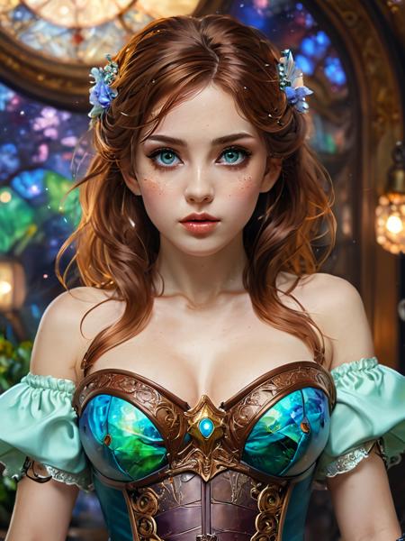 full body shot, masterpiece, best quality, (Anime:1.4). Setting: a nebula in space, flowers. Revelations Colorful UHD Photo realistic high resolution, Stunningly beautiful woman, corset , dress, god with gorgeous intricately detailed eyes, 8k portrait of beautiful cyborg with long brown wavy hair, sharp green eyes, intricate, elegant, highly detailed, majestic, digital photography, art by artgerm and ruan jia and greg rutkowski surreal painting opal filigree, broken glass, (masterpiece, sidelighting, finely detailed beautiful eyes: 1.2),Displaying impeccable quality, this visually stunning image evokes a sense of wonder and captivates the viewer's imagination, unreal engine 5, octane render.