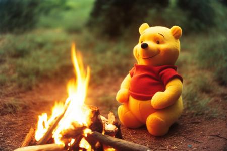 lomo style photograph of winnie the pooh at the campfire