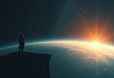 One shadowy figure standing on the edge of a cliff in space in solitude, gazing down at a planet below woundering if he's alone in the vast cosmos of reality ,  stars and galaxies  fill the background in representation of the deep endless sadness and loneliness that fills him to the core,