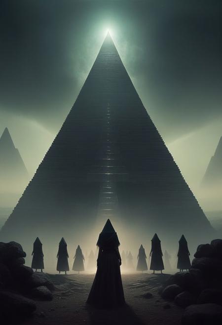 ultra realistic 
Dark Sci-Fi.
In a small, rural town nestled in the heart of the countryside, something strange is happening. Women of all ages and backgrounds are walking around in a hypnotic state, their arms outstretched and their eyes glazed over. They move in a slow, rhythmic trance, completely unaware of their surroundings.
As they walk, they are drawn towards a mysterious glowing pyramid that has appeared in the sky. The pyramid emits a powerful, otherworldly energy that seems to be controlling the women's movements.
The townsfolk watch in awe and confusion as the women gather beneath the pyramid, forming a circle around its base. They begin to chant in a language that no one can understand, their voices rising and falling in a hypnotic cadence.
As the chanting reaches a fever pitch, the pyramid begins to pulse with energy, sending out waves of light and sound that seem to penetrate the very fabric of reality. The women sway and dance in time with the pulses, lost in a trance-like state.
No one knows where the pyramid came from or what it wants, but one thing is clear: it has a powerful hold over the women of the town, and they are powerless to resist its call.
 faded film, desaturated, 35mm photo, grainy, vignette, vintage, Kodachrome, Lomography, stained, highly detailed, found footage