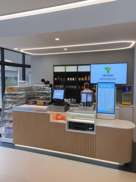<lora:JJsConvienceStore_XL:1>, ((Convience Store)), , ((masterpiece)), ((best quality)),  real world location, realistic, high detailed,  (indoors) , 1girl,  counter, cash machine, window, table, stool, rank, monitor, screen, vending machine,