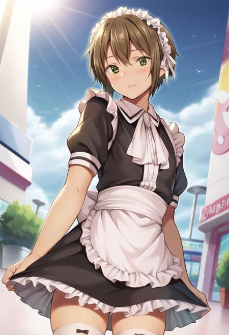 otoko_no_ko-kun, green dress, frills, bow, polka dot, bare shoulders, green skirt, maid, thighhighs, black dress, maid headdress, apron, frills, puffy short sleeves, school uniform, white shirt, collared shirt, sweater vest, black vest,