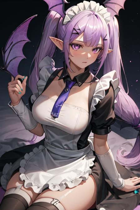 best quality, masterpiece, highres, solo, {maid:1.40}, {long maid dress:1.15}, {manticore_arknights:1.15}, long_hair, purple_hair, head_wings, pointy_ears, bangs, hair_ornament, purple_eyes, twintails, breasts, hairclip, tail