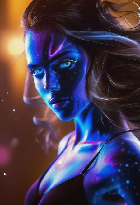 8K. (High quality:1.05), (masterpiece:1.07), (High details and aesthetics face:1.07), "I look at you sensually, showing my powers" A determined realistic adult girl with determined and sensual look, canthal tilt eyes, brown eyes, (thick wavy brown hair flowing until waist in wind:1.07), sensual standing pose, film_theme (she's in a sci-fi blue space galaxy environment, outdoors)