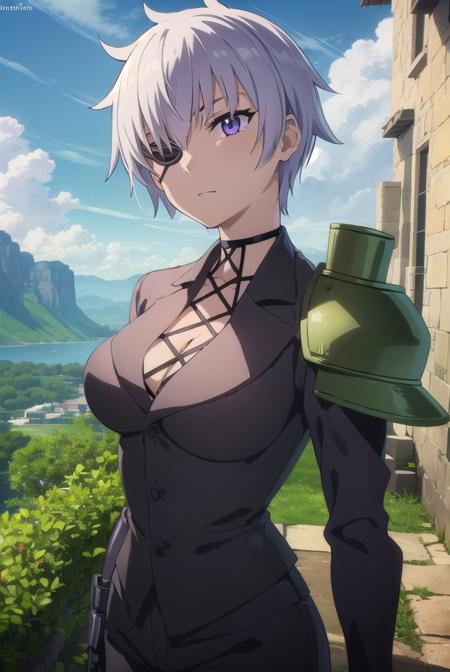 agknajenda, <lora:agk najenda s1-lora-nochekaiser:1>,
najenda, short hair, (purple eyes:1.3), grey hair, eyepatch,
BREAK cleavage, formal, suit, cyborg, single mechanical arm, prosthesis, long sleeves, pants, black pants, (armor:1.5), gauntlets,
BREAK outdoors, nature, forest, trees, grass, sky, clouds,
BREAK looking at viewer, (cowboy shot:1.5),
BREAK <lyco:GoodHands-beta2:1>, (masterpiece:1.2), best quality, high resolution, unity 8k wallpaper, (illustration:0.8), (beautiful detailed eyes:1.6), extremely detailed face, perfect lighting, extremely detailed CG, (perfect hands, perfect anatomy),