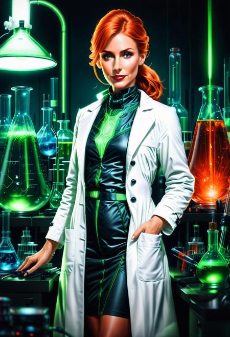 Necron, electricity, green glow, green theme, (red:1.6), (close up:1.6), Stable_Yogis_PDXL_Positives, (Victorian blouse), Realism_Quality_2xx_By_Stable_Yogi, (anatomically correct:1.6), photo, photo_realistic, 1girl, mature_woman, European, 27 years old, parted_lips, choker, seductive smile, sultry, serious stare, stern look, close-up, eye shadow, makeup, milf, mature female, pureerosface_v1, Expressiveh, intricate_details_xl, natural skin, realistic, hands out of view, red lipstick, makeup, long ponytail, streaked hair, Orange hair, black streaks in her hair, long side bangs, black highlights in bangs, thick lips, mega ponytail, big hair, tall, natural blue eyes, high neck closure, fitness body, toned muscles, high cheekbones, solo, (fully dressed:2), high turtle neck, outdoors, (hands hidden:1.7), short sleeves, closed dress, high neck closure, gentle smile, closed mouth, short puffy sleeves, (laboratory:2), big fluffy hair in all directions, add-detail-xl, luna_flex_v4_sdxl_3500_lora_f32, (white lab coat:2), (Becks)