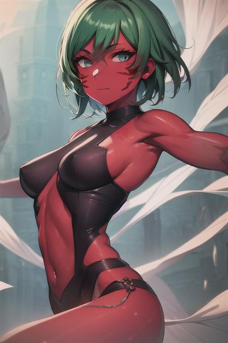 masterpiece, best quality, 1girl, red skin, blue eyes, green hair, closed mouth, looking at viewer, shirt, short hair, fantasy background, solo, dynamic pose <lora:red_skin:1>