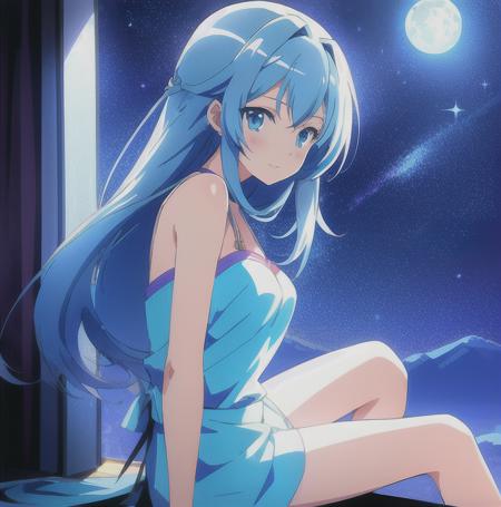 Niji style,day,anime coloring,cell shading,masterpiece, best quality,detailed,cinematic composition, cinematic lighting,1girl,solo,star,moon ,blue theme1girl,sitting,from the side