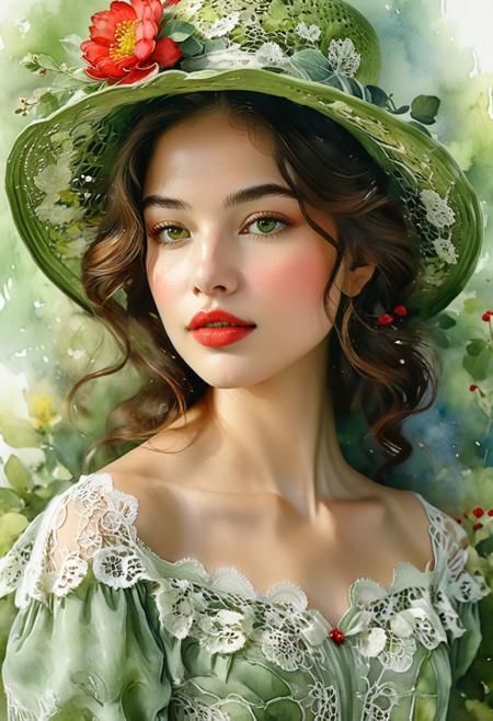 Create the image of a young woman with a fair complexion and soft facial features. She has charming almond-shaped hazel eyes and full lips that add to her serene expression. Her wavy, dark brown hair falls gracefully under a wide-brimmed, light green hat decorated with intricate lace patterns and a delicate red flower. The background merges with her form in a dreamy watercolor blend of green, red and hints of yellow, suggesting a mix of floral and abstract elements. The woman wears an off-the-shoulder top with a touch of blue, adding to the overall soft and artistic atmosphere of the scene. The composition exudes a romantic, ethereal quality, with the watercolor medium providing a fluid, painterly feel.<lora:xl_more_art-full_v1:0.3> <lora:MJ52:0.4>