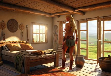 the day in the day of Celtic barbarian woman home life in the settlement . High Definition 64K, Detailed and Intricate, Digital Art, Photo, Realistic, Cinematic, Studio Lighting, Beautiful Lighting, landscape view