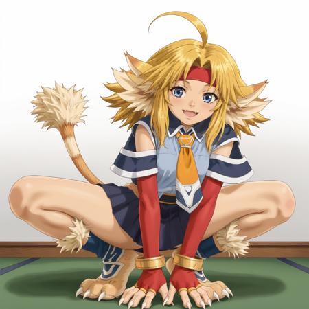 Nikki, beastgirl, blonde hair, ahoge, red headband, blue eyes, fang, animal ears, animal tail,  necktie, school uniform, bracelets, elbow fingerless gloves, pleated skirt, blue leg warmers, fur trim, barefoot, animal feet, foot claws,  giant hammer \(weapon\)