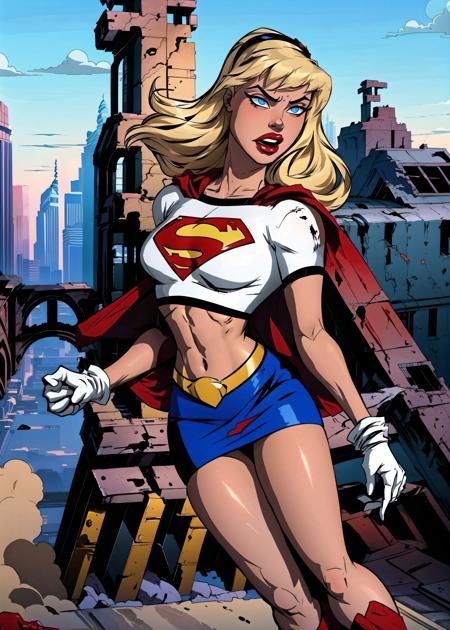 (cowboy shot), sfw, (masterpiece), (best quality:1.0), (ultra highres:1.0), detailed eyes,
BREAK
<lora:Supergirl_Galatea:0.8> Supergirl, 1girl, long blonde hair, midair, flying, angry
white crop top, black hairband, blue pencil skirt, white gloves, red boots, red cape
BREAK
(destroyed city, ruins, outdoors, gorgeous view)