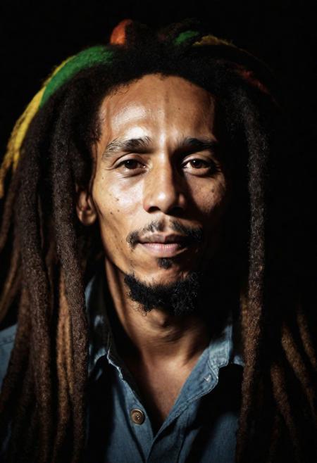 Close-up, (bob marley), grim smile, relaxed pose, portrait movie shot, serious, menacing, chiaroscuro style photo, dark background, minimalism, dramatic lighting, professional quality, dull highlights and shadows, natural and   original, laser eyes