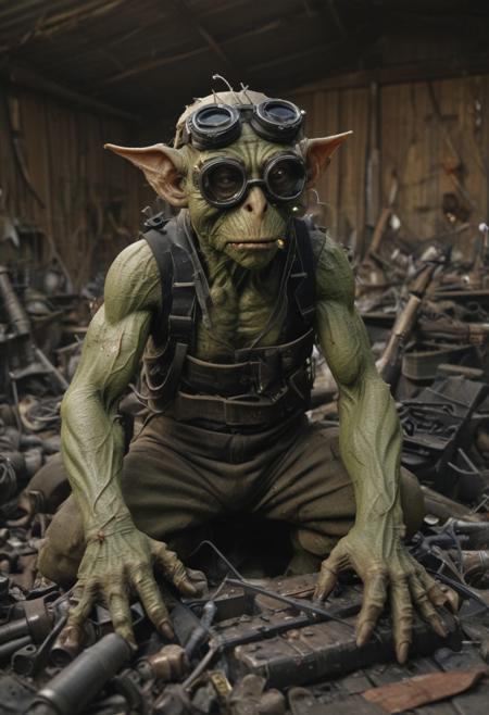 fantasy, techno fantasy, a goblin wearing welding goggles experiments with explosives in a cluttered shed full of parts and chemicals, uhd 32k (nikon:1.5) dof