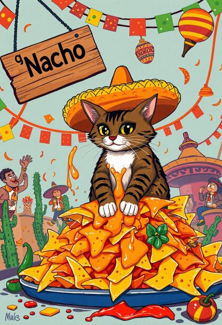 Vector flat Mexican style art Poster, A mischievous tabby cat wearing an oversized, brightly colored sombrero adorned with tiny chili pepper ornaments sits triumphantly atop a towering mountain of cheesy nachos. The chips buckle under neon-orange melted cheese that oozes like lava. The cat, with sparkling anime-style eyes the size of tortillas, swipes a nacho with dramatic flair, flinging cheese onto its whiskers in a gooey mess that stretches cartoonishly as it frantically licks it off. Behind the chaos, a vibrant Mexican fiesta bursts to life papel picado streamers flutter in reds, greens, and yellows, while googly-eyed piñatas shaped like cacti and mariachi figures dance and cheer. A hand-painted wooden sign reading “¡Nacho Gato!” swings crookedly above, caught in the festive whirlwind. Scattered below are salsa spills, a runaway jalapeño, and a toppled maraca. Rendered in a vivid Mexican folk-art style with bold outlines and Talavera-inspired patterns, the scene pops with fiery reds, sunny yellows, and deep azules—perfectly capturing the wildly whimsical spirit of a feline fiesta gone hilariously off the rails.