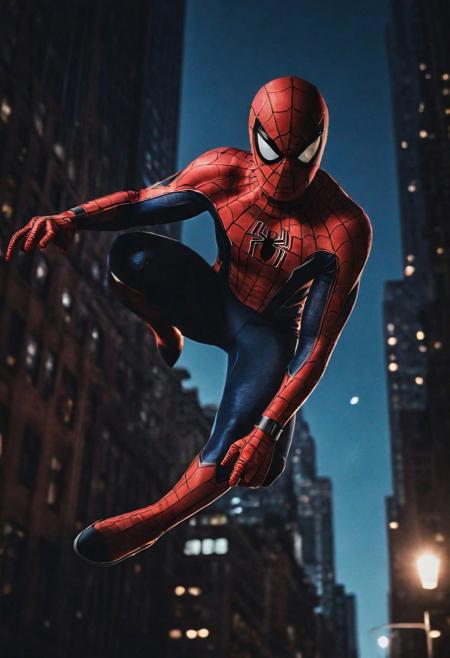 Portrait face Solo spiderman flying in new york , photograph ,pale beautiful photo, ultra detailedspiderman suit , night time, cinematic composition,  cinematic filtering
