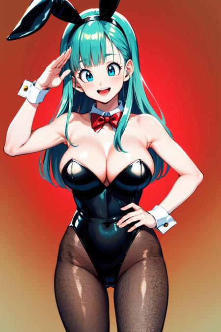 masterpiece, best quality, highres, dragon ball, blmlong, aqua hair, blunt bangs, long hair, playboy bunny, rabbit ears, black pantyhose, red bowtie, wrist cuffs, black leotard, large breasts, <lora:bulma_v1:0.7>, cowboy shot, hand on hip, smile, open mouth, salute,