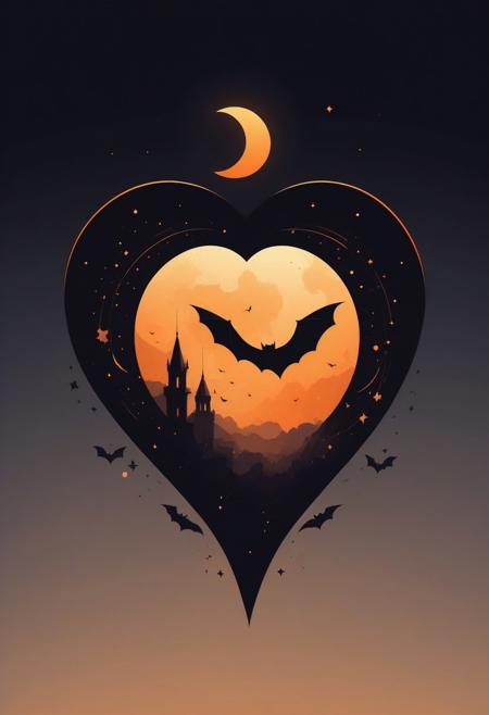 Vector Art, Dramatic Noir Silhouette, Bold Black and Orange Color Palette, (Moonlit Worlds:1.3), Heart-shaped Nebula, (Mystical Bats:1.2), Geometric Celestial Bodies, (Intricate Batwing Patterns:1.2), (Radiant Crescent Moon:1.3), Mesmerizing Geometric Shapes, (Emphasized Chiaroscuro:1.2), Captivating Composition, (Noir Enigma:1.2). simple background logo