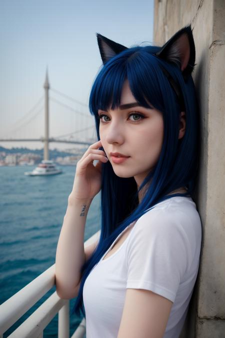 close-up, fisheye, girl, cat ears, pale skin, red eye fog, blue hair, blue t-shirt, jeans, standing outside, istanbul, bosphorus, (masterpiece, best quality, high quality, highres, ultra-detailed)