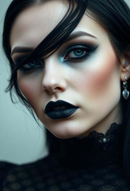 closeup portrait of goth vampire-esque woman mid 30s, thin fit, big boobs, jet black sleek hair, dramatic smokey eye makeup, high-neck black lace top, black lipstick, subtle tear-shaped face jewel, soft moonlight on pale skin, photorealistic  
closeup, photorealism, black hair, big boobs, thin fit, smokey eye, lace top, black lipstick, moonlight, face jewel
fullbigttgothgflady-mk.1