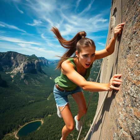 Dramatic action photograph of a woman using a rope to climb a rockface, set against a dramatic landscape of steep cliffs and a dense forest and lake below. She has a panicked expression, with fair skin and long, flowing brown hair tied back in a ponytail. She is dressed in a green sleeveless t-shirt and blue cut off denim shorts and white sneakers. She is spreadeagled against the rockface, her fingers desperately seeking a grip. The background includes a bright blue sky with cirrus clouds. Nikon D6 500mm f/2.8 lens ISO 1600 1/1000 shutter speed