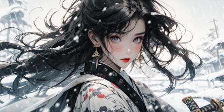 (masterpiece:1.2), best quality,PIXIV,Chinese ink painting,ink wash painting,
1girl, solo, black hair, long hair, weapon, sword, looking at viewer, jewelry, earrings, upper body, katana, wind, red lips, closed mouth, floating hair, brown eyes, rain, outdoors, snowing, snow, blush, sheath, grey eyes
 <lora:Chinese ink painting_20230725220724:0.9>