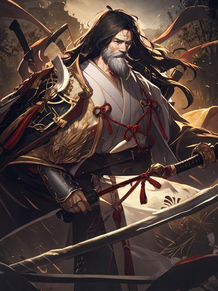 masterpiece,best quality,highres,cinematic lighting,dramatic angle,<lora:ShadowverseKagemitsuV1-000021:0.8> ,1 old man,black hair ,white beard,depth of field,battlefield,armor,japanese clothes,ribbons,wide sleeves,looking at viewer,portrait,holding katana,blood,piles of corpses,abandoned weapons on ground,depth of field