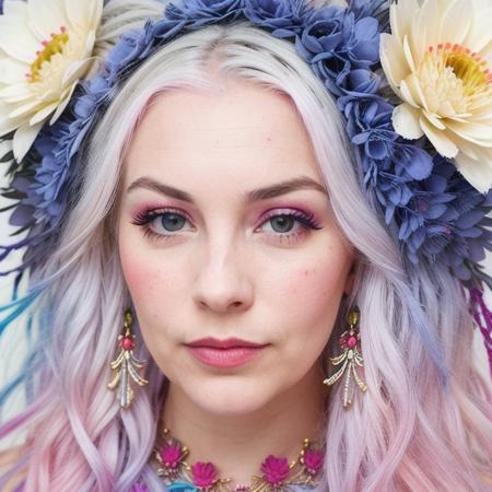 portrait of a beautiful 25 year old woman with dyed white hair, flowers in hair, by roo_abrook, (high detailed skin:1.2), 8k uhd, dslr, soft lighting, high quality, film grain, Fujifilm XT3