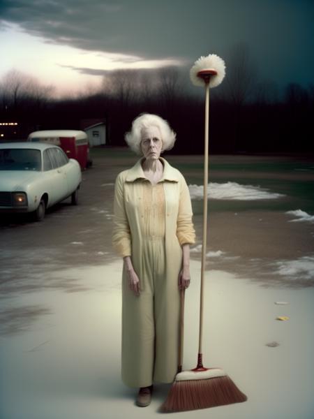 <lora:AlecSoth:1>full-length portrait of 100y anorexic janitor woman a holding mop by alec soth the background is suburb at night with burning car by todd hido