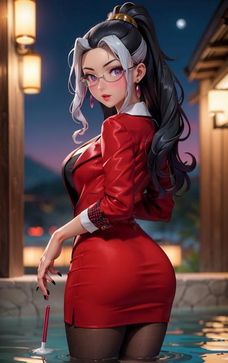 ((masterpiece, best quality)), insaneres, absurdres, solo, looking at viewer, 
SkirtSuit RikkaSumeragi ownwaifu,
1girl, purple eyes, streaked hair, semi-rimless eyewear, two-tone hair, black hair, ponytail holder, white hair, dangle earrings, eyelashes, hair pulled back, large breasts, high ponytail, long hair, makeup, mature female, glasses, multicolored hair, jewelry, earrings, necklace,  nail polish, lipstick,
skirt suit, red suit, pantyhose,  formal, cleavage, suit, pencil skirt, skirt, 
(wading, looking back), onsen, full moon, outdoors,<lora:FAP_CHR_SeikaGirlsAORO_RikkaSumeragi_ownwaifu:0.75>,
 depth of field, light particles,