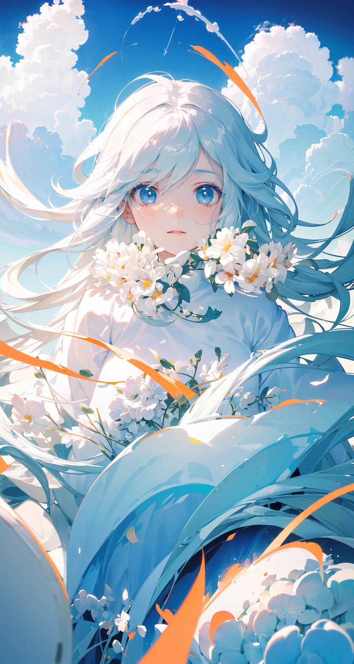 A girl with white hair and blue eyes is holding flowers in a white outfit.