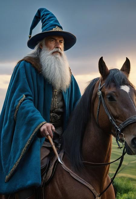 realistic, extremely high quality RAW photograph, intricate, Exquisite details and textures, highly detailed, ultra detailed photograph, 4k, high resolution, an old wizard with a grey beard, a blue pointed hat, a blue wizard cap, a wooden scepter with a blue gem set in it, a wizard riding a brown horse, a horse riding on a green hill at dusk, an epic image, a dynamic image, a sense of movement