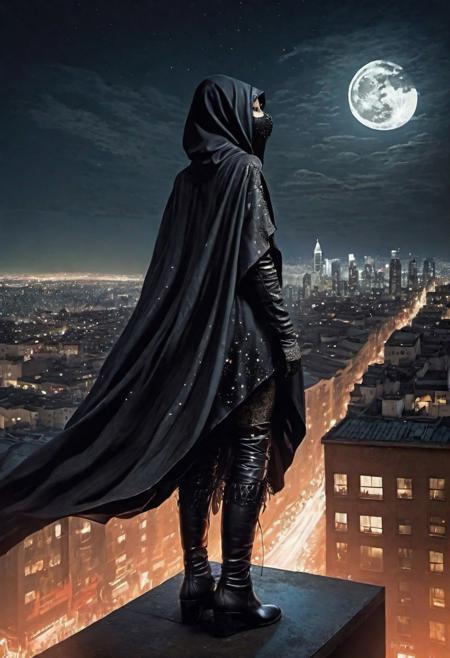 painting by Yoshitaka Amano, (dynamic_angle), 
woman with floating cloak and black domino mask, burning midnight costume, high boots, clothes like midnight full of stars, Night light, sharp shadows, moon lit, 
looking out over city, City landscape, dystopian city, crowds of people, 
standing high above stret, 
red thighhighs,
(highly detailed, digital painting, concept art),
sharp focus, illustration, 
multicolored, soft colors, detailed textures,