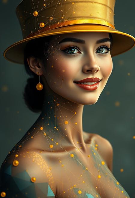 a photorealistic depiction of a beautiful refined charming female with perfect physique and short neck, light makeup. The image is adorned with intricate geometric patterns and golden dots connected by fine lines, forming a network of constellations across the figure's smily face and hat. The lower part of the figure dissolves into abstract shapes, blending seamlessly with the background. The use of gold and blue accentuates key features, adding a futuristic and surreal quality to the image. Style of Rafal Olbinski, style of  James Jean.
