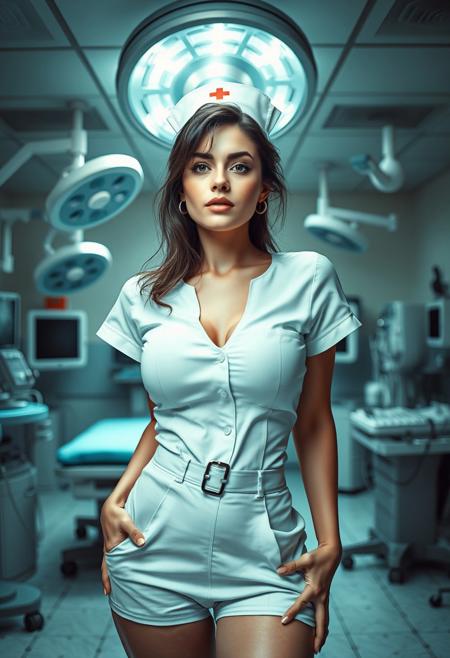 masterpiece, Hyperrealistic, dynamic angles, multiple angles, photoshoot poses; A photo of Naughty_nurse, headshots, a woman, she has ivory white colored skin,she has huge breasts, busty breasts, she is wearing a white nurses uniform, she is in a delapidated operating room, the room is filled with surgical equipment, posed. well-lit environment, subsurface scattering, a playful and whimsical,