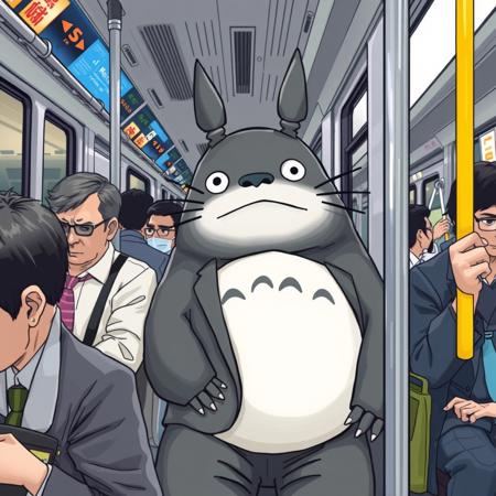 A very tired Totoro, wearing a Japanese salaryman suit, sitting in a very crowded Tokyo Metro train with other passengers on the Hibiya line after a hard day's work.