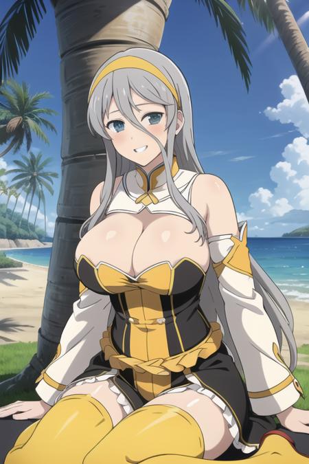 best quality, masterpiece, 1girl, sgtwins, gekkou \(senran kagura\), senran kagura, long hair, very long hair, hair between eyes, grey hair, hairband, yellow hairband, blue eyes, breasts, large breasts, huge breasts, facing viewer, looking at viewer, pov, blush, happy, grin, detached collar, thighhighs, yellow thighhighs, detached sleeves, wide sleeves, long sleeves, black dress, yellow dress, yellow sleeves, sitting, wariza, beach towel, under tree, palm tree, beach, outdoors, day, cloud, dated, cowboy shot, simple background,