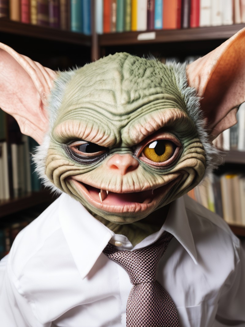 a Gremlin in a (shirt and collar and tie), (winks with one eye at viewer:1.2), (background books), close-up,
 <lora:artmak...