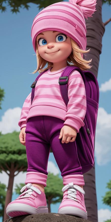 1girl, <lora:Edith_Gru:1>  Pink knitted beanie, smug or content expression, round blue eyes, pinkish skin tone, pink and white striped shirt, black backpack straps visible, park, grass, tree, dark purple pants, white shoes, (child:1.2)