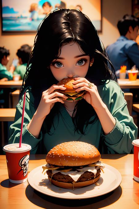 food,french fries,solo focus,restaurant,eating,cup,sitting,black hair,long hair,blurry,indoors,burger,depth of field,disposable cup,1girl,holding,multiple boys,chair,table,drinking straw,black eyes,multiple girls,faceless,blurry background,drink,pov across table,tray,kfc,realistic,
((((masterpiece)))),((((highly detailed)))),[[[realistic art]]],<lora:kfc:0.5:lbw=OUTALL>,