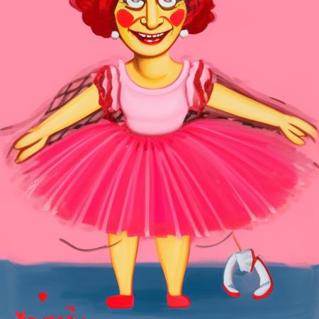 vlozhkin   happy  woman in a tutu dancing ballet, pink tutu, T-shirt in USA flag colours,  side view, thick legs, fishnet tights, full height, on stage,  vlozhkin detailed woman's  face,   vlozhkin style, illustration, art