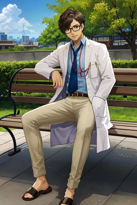 marukiP5, glasses, labcoat, blue shirt, necktie, stubble, belt, pants, sandals