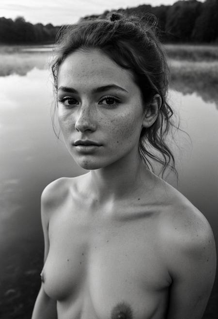 Stunning B&W 35mm photo of a beautiful 20 years old Dutch woman, ((full body:1.2)), sexy pose, fully nude, incredibly pretty, looks to die for, narrow nose, fit, highly detailed face, highly detailed skin, freckles, a huge amount of freckles and moles all over body, tiny breasts, perfect breasts, hard nipples, Rounded ass, brown hair, no pubic hair, hairless vagina, big hair, medium hair, 70's style hair, ponytail, brown eyes, perfect eyes, detailed eyes, detailed pupils, the look on her face gives away she is very horny, at a peat lake, dusk, foggy, swirls of mist ,soft natural early morning light, beautiful sky, ultra realistic, realistic skin, detailed skin, realistic vagina, extremely detailed, Rembrandt style light, 8k resolution, masterpiece, 35mm, Hasselblad